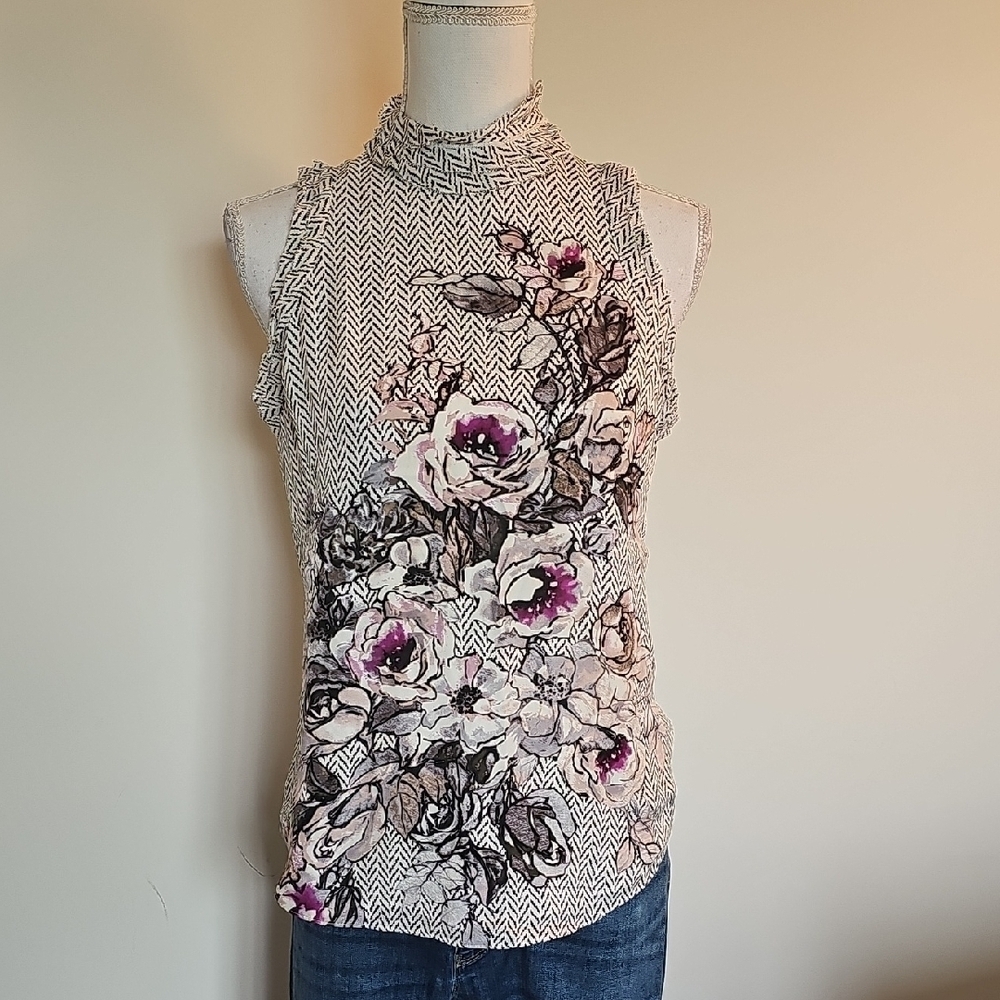 White House Black Market Floral Tank Top - Black, Purple, Cream